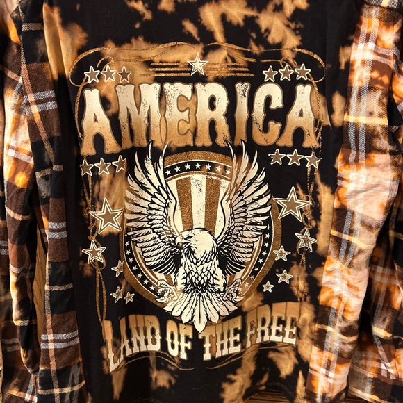 America Land of the Free Orange Brown Plaid Flannel Button Shirt Large - Picture 8 of 9